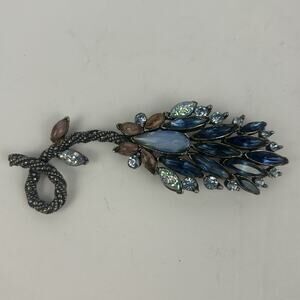 Vintage Florenza Black Rhodium Blue Pink Rhinestone Lava Glass Flower Brooch Pin